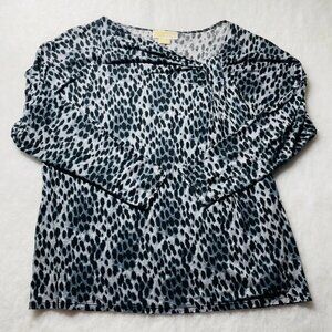 Michael Kors Womens Gray & Black Pleated Detail Leopard Print Blouse Top Size 2X